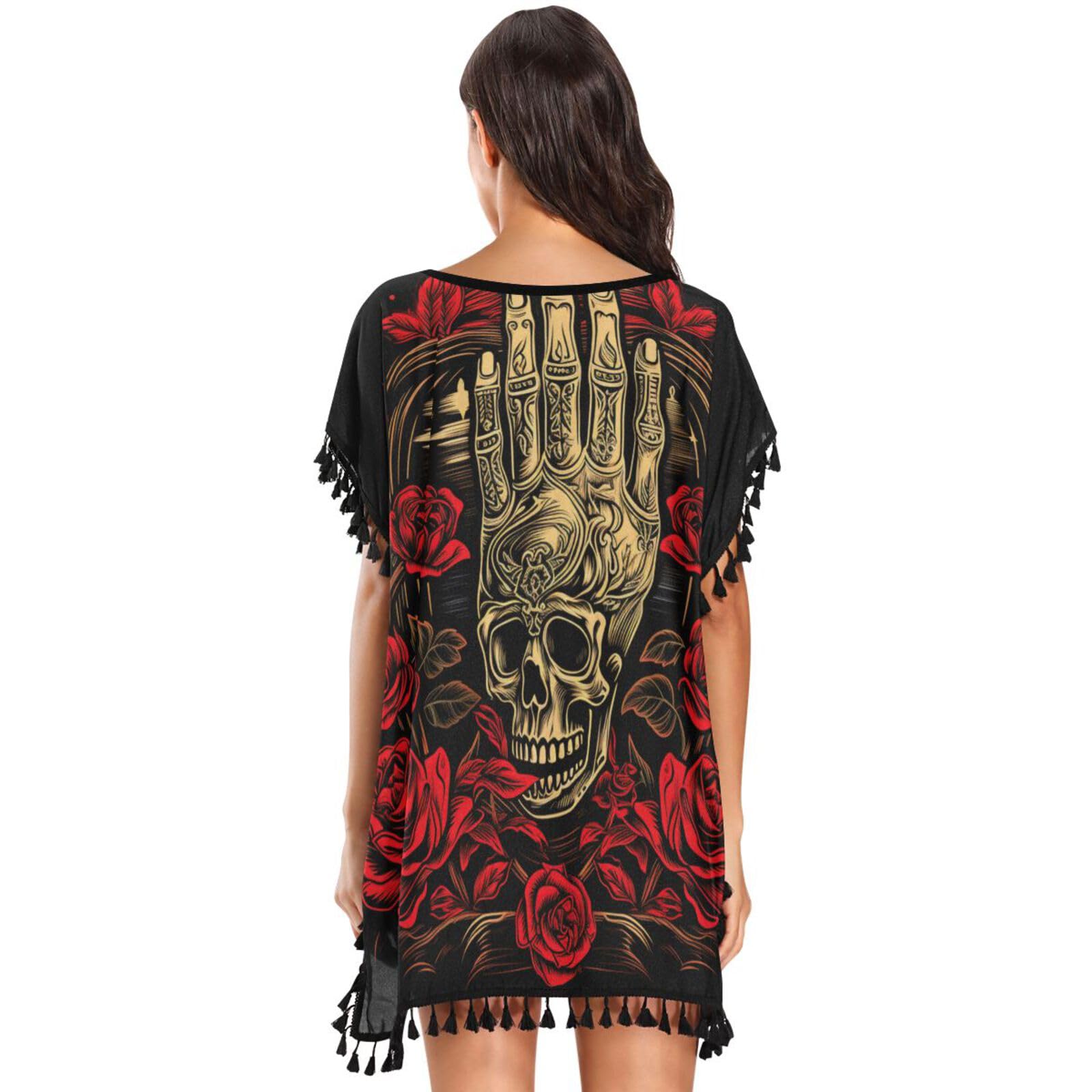 Red Rose Skull Hand Women's Beach Cover Up Chiffon Tassel Swimwear Swimsuit Coverups for Girl