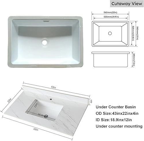 Miniatura 38 de Encimera de tocador de mármol de 43 pulgadas con fregadero, encimera de piedra de ingeniería con fregadero de cerámica y protector contra blanco
