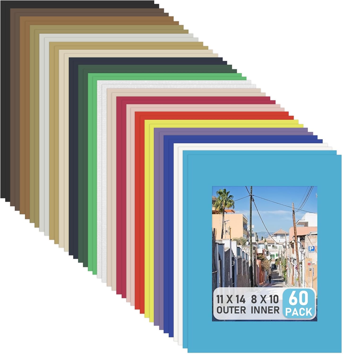 Fainne 60 Pack Picture Mats 11 x 14 Inch Frame Mattes Matting with Acid Free Pre Cut Mattes White Core Bevel Cut Mats for 8 x 10 Pictures for Home Gallery Wall Hanging Art Decoration (Mixed Colors)