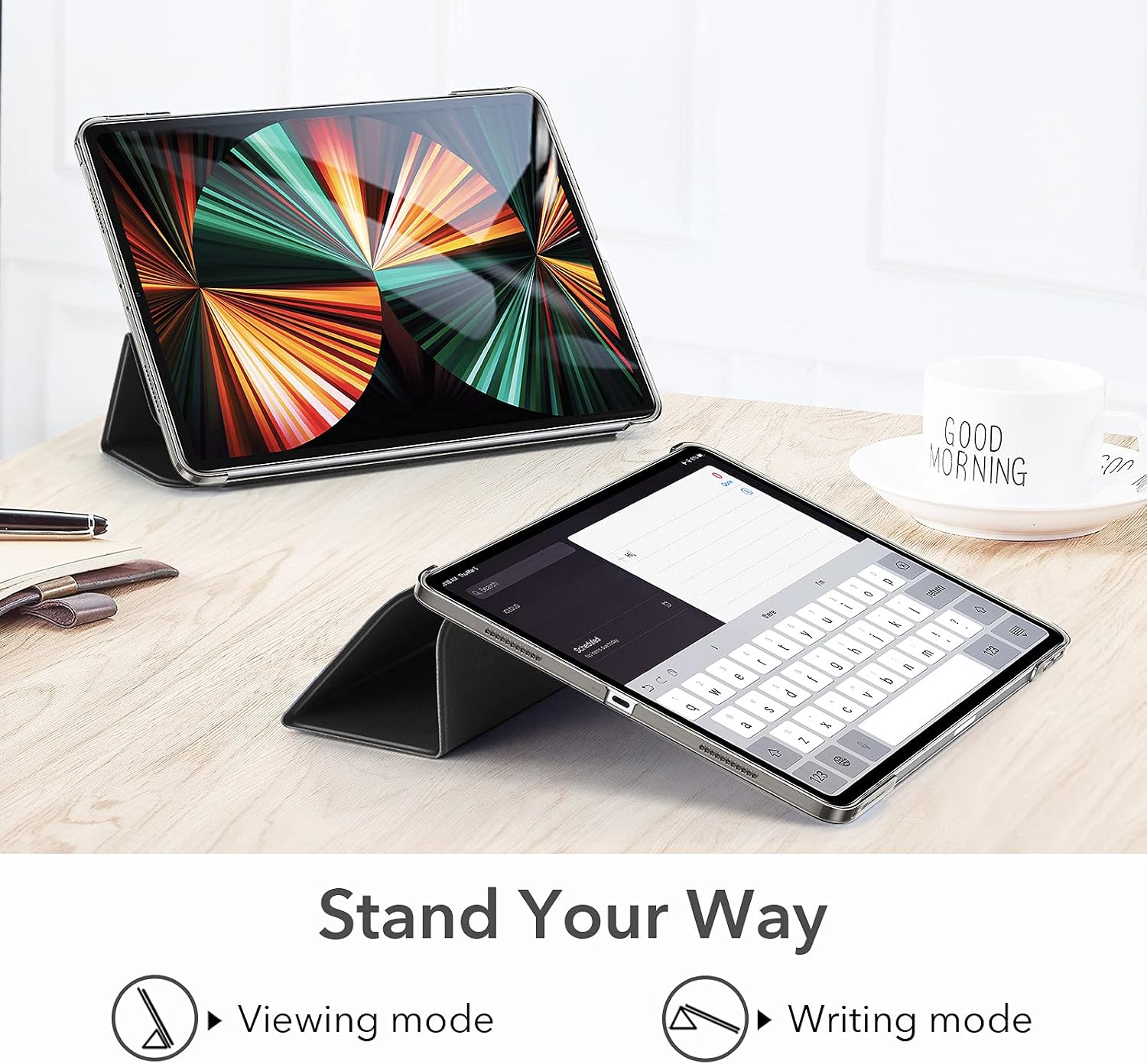 ESR Ascend Trifold Case Compatible with iPad Pro 12.9 Inch 2021 (5th Generation), with Tempered-Glass Screen Protector, Auto Sleep/Wake, Supports Pencil Wireless Charging, Black