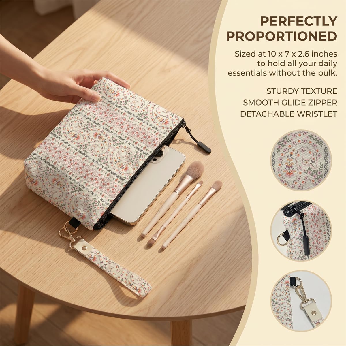Fokongna Makeup Bag, Paisley Floral Stripe, with Keychain Wristlet