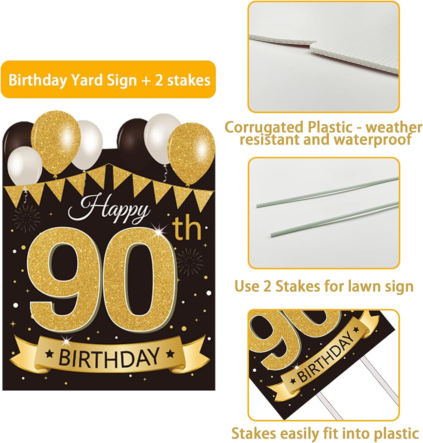 Large Happy 90th Birthday Decorations for Men Black Gold 90 Birthday Yard Sign with Stakes and Outdoor Lawn Decorations for Women