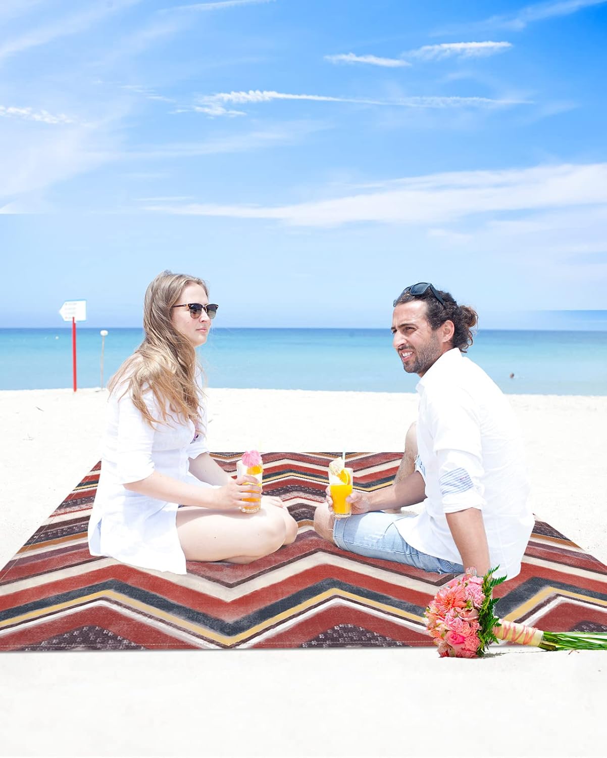 Northern Europe Zig Zag Stripes Beach Blanket Waterproof Sandproof Outdoor Picnic Mat 108"x84" Minimalist Abstract Red Lightweight Large Beaach Blankets with 4 Stake & 4 Corner Pockets