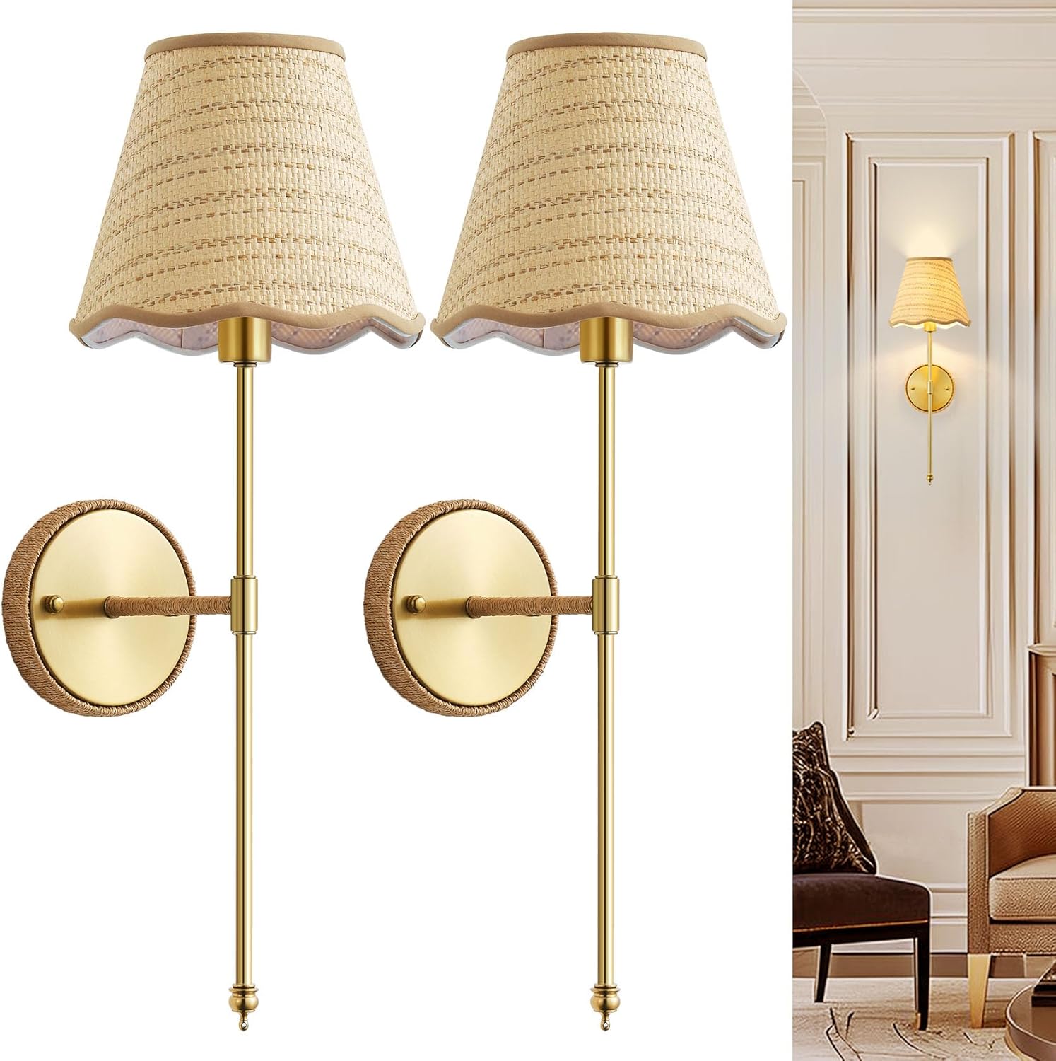 Natural Rattan Wall Sconces Set of 2, Boho Hand-Woven Wall Mounted Light Fixture Decor with Rattan Lampshade Sconces for Home Bedroom Living Room Hallway Kitchen Stairs(Gold)