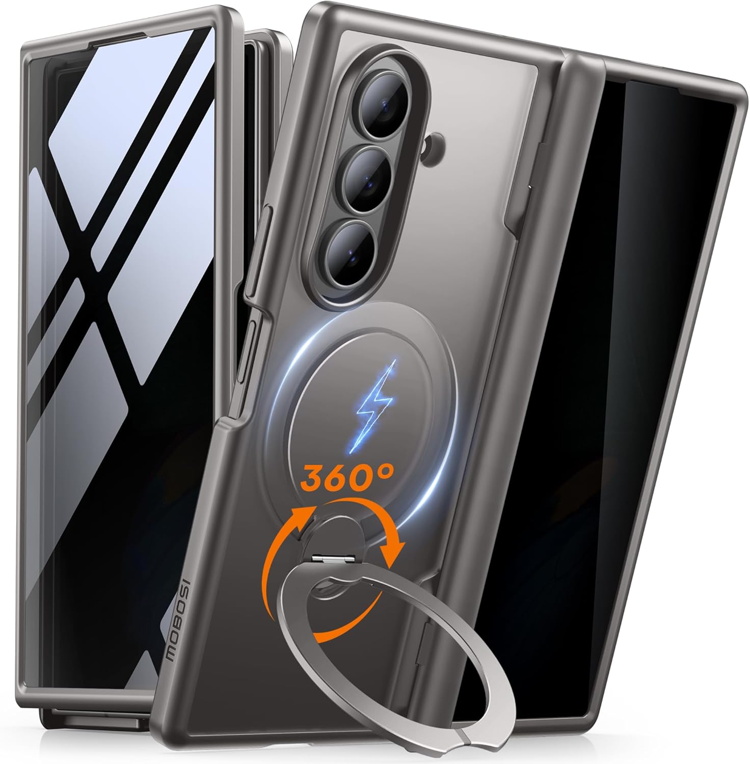 MOBOSI for Z Fold 7 Case with Rotatable Ring Stand & Privacy Screen Protector, Compatible with Magsafe, 18FT MIL-Grade Protection, Magnetic Shockproof Slim Case for Samsung Galaxy Z Fold7, Gray