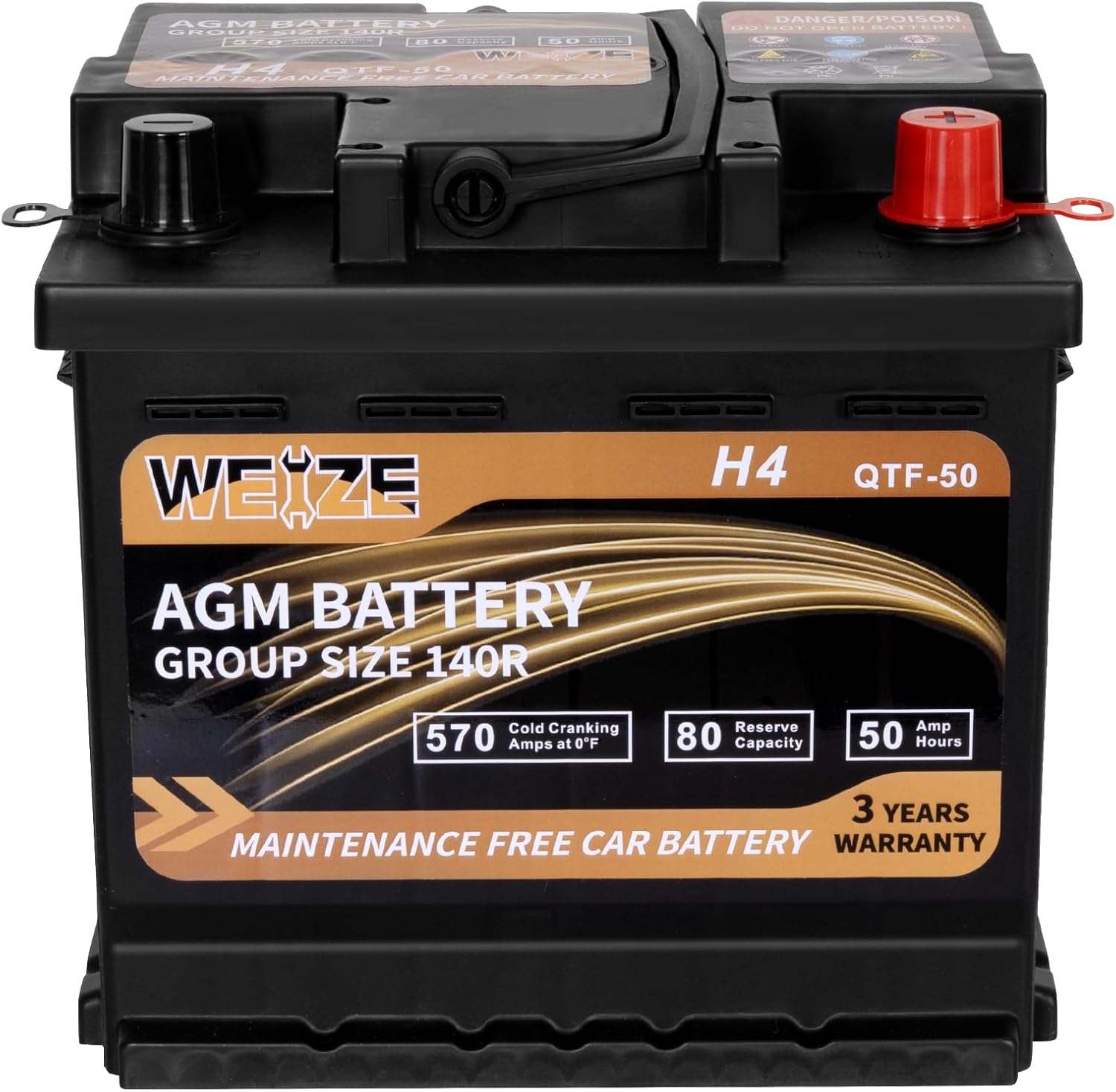Weize Platinum AGM Battery BCI Group 140R, 12V 50Ah, 80RC, 570CCA, 36 Months Warranty