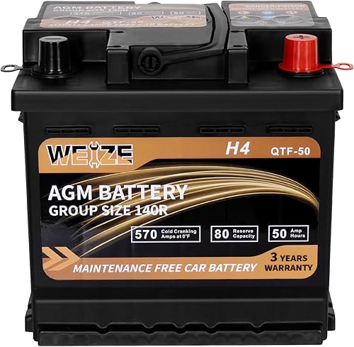 Weize Platinum AGM Batería BCI Group 140R, 12V 50ah Tamaño 140R H4 Batería automotriz, 80RC, 570CCA, 36 meses de garantía