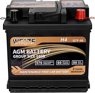 Weize Platinum AGM Battery BCI Group 140R, 12V 50ah Size 140R H4 Automotive Battery, 80RC, 570CCA, 36 Months Warranty
