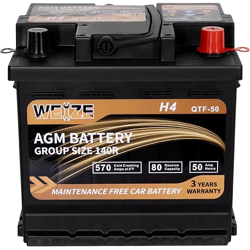 Weize Platinum AGM Battery BCI Group 140R, 12V 50ah Size 140R H4 Automotive Battery, 80RC, 570CCA, 36 Months Warranty