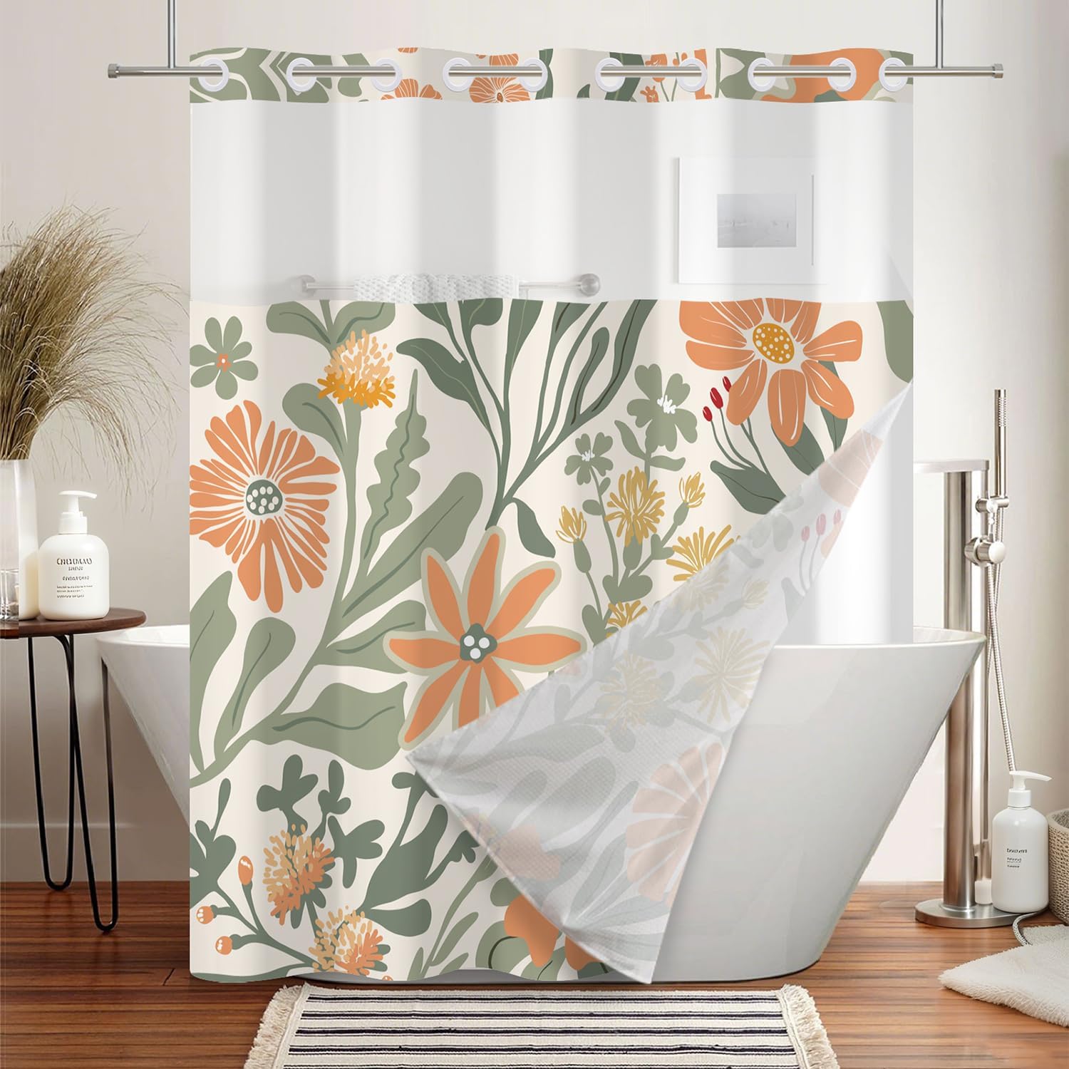No Hook Floral Shower Curtain and Liner Set 71 x 74 Inch - Spring Sage Green and Orange Flower Matisse, Waterproof Bath Curtain for Modern Bathroom, Hotel Decor, Breathable Mesh Top