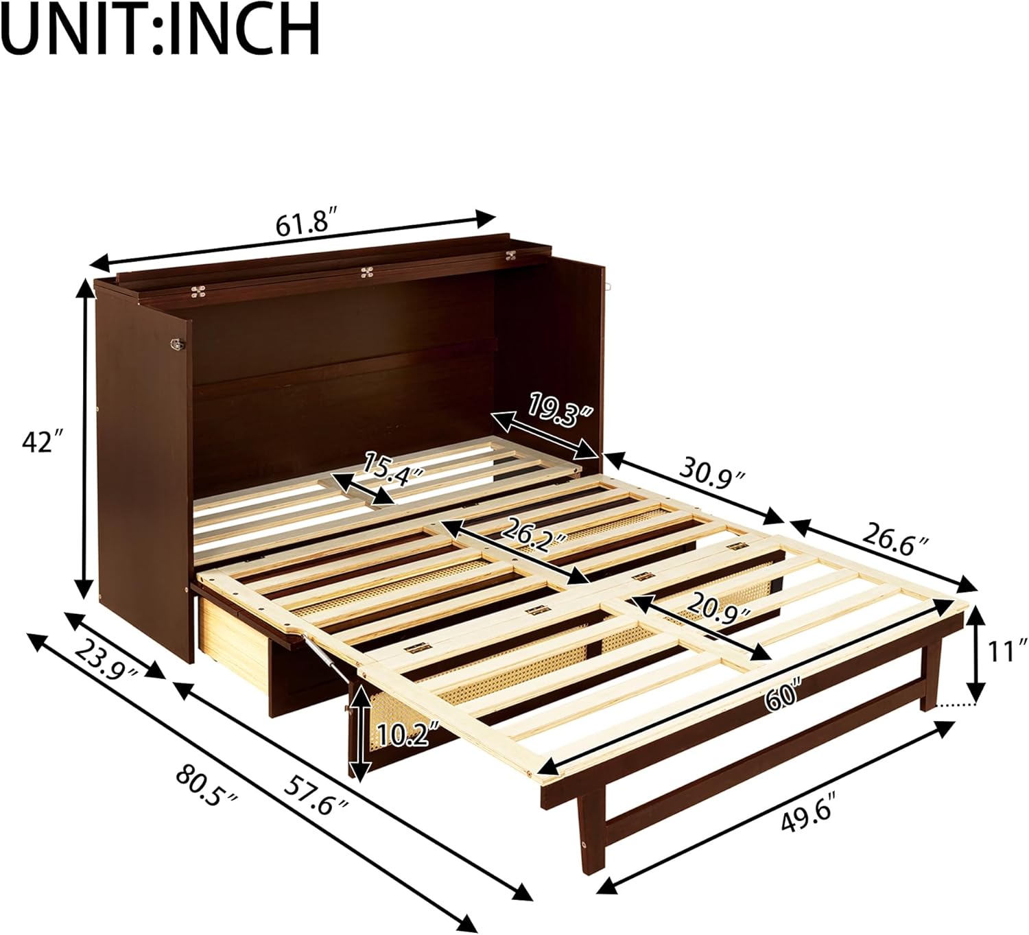 Queen Size Multi-Functional Bed Frame with Rattan Decoration Panel and Drawer for Girls/Boys,Home Office, Studio,Bedroom,Cabinet Murphy Bed w/Plank Support,No Box Spring Needed, Walnut