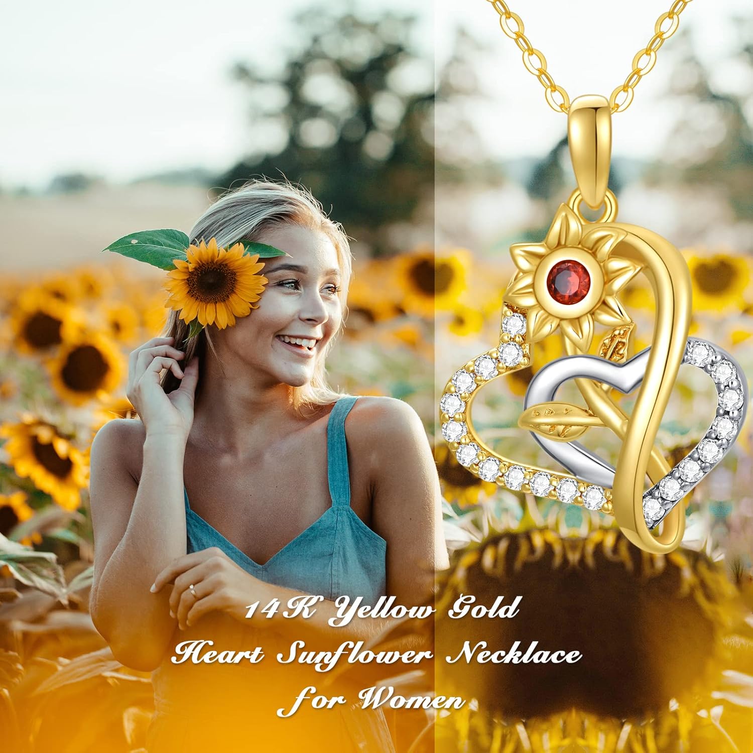 Solid 14K Gold Heart Sunflower Necklace for Women,White/Yellow Gold Moissanite Sunflower Necklaces | You are My Sunshine,Mothers Day Birthday Love Jewelry Gifts for Wife Mom 16"-18"