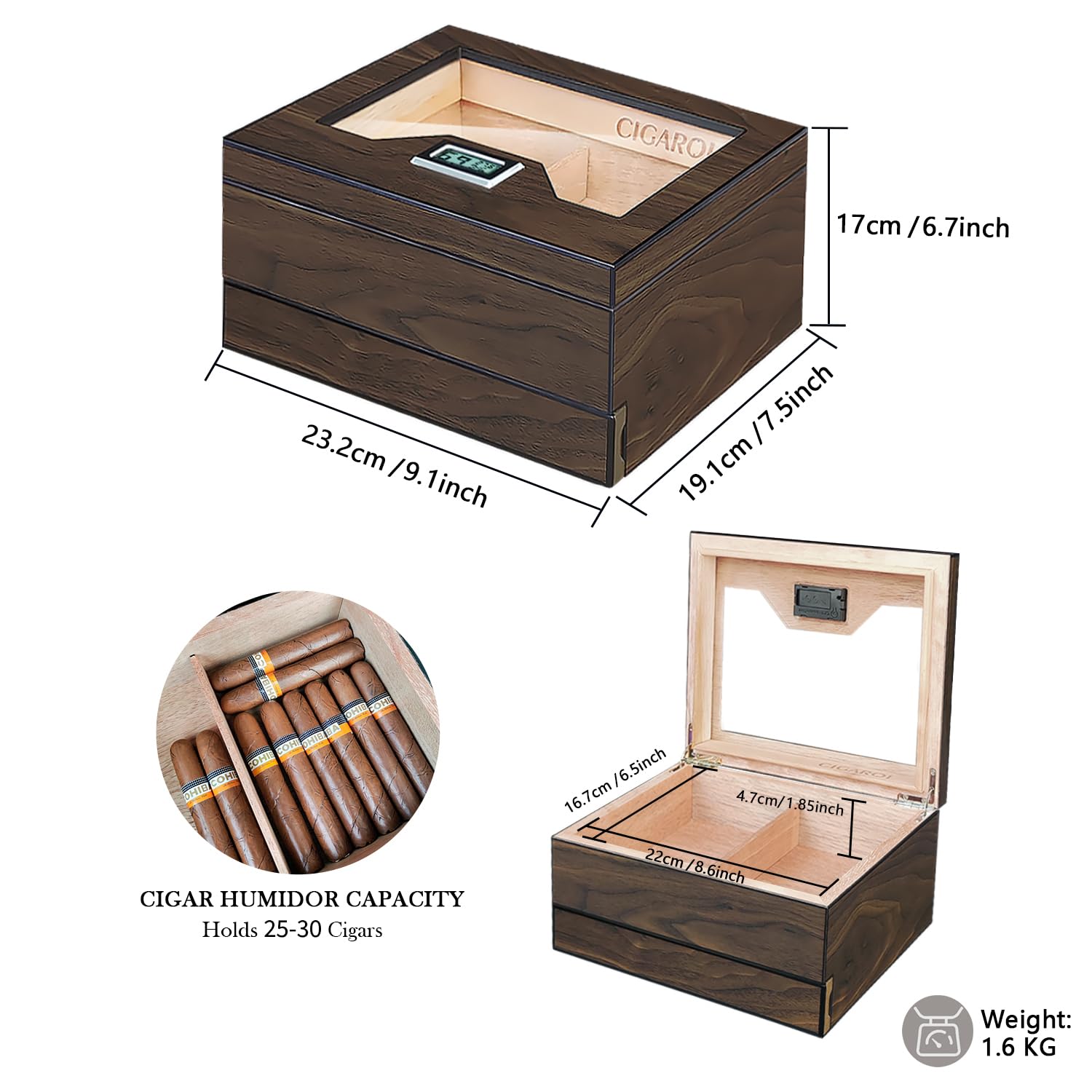Humidor Sigari, Portasigari in Legno di Cedro con Igrometro e Umidificatore, Humidor per Sigari Fatto a Mano con Cassetto per 25-30 Sigari, Perfetto Regalo per Uomo (Sigaro Non Incluso)