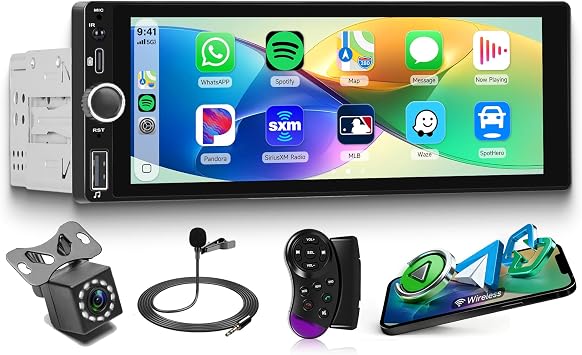 Rimoody RDS Single Din Wireless Carplay Car Stereo Android Auto 6.9 inch HD Touch Screen Car Radio Bluetooth FM EQ Backup Camera USB Type-C SWC