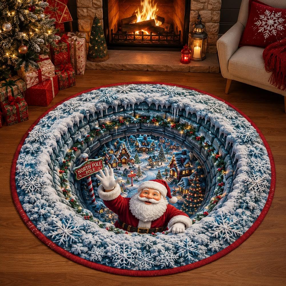 Christmas 3D Round Rug, Optical Illusion Christmas Area Mat for Indoor Outdoor Use, Santa Claus Decorative Rugs Welcome Floor Mat for Living Room Home Gifts