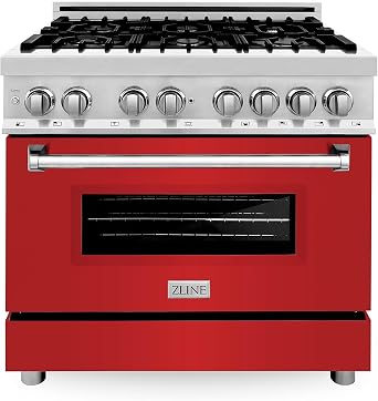 ZLINE 36 in. 4.6 cu. ft. Legacy Dual Fuel Range with 6 Burner Gas Cooktop and Electric Convection Oven in Stainless Steel and Red Matte Door RA-RM-36