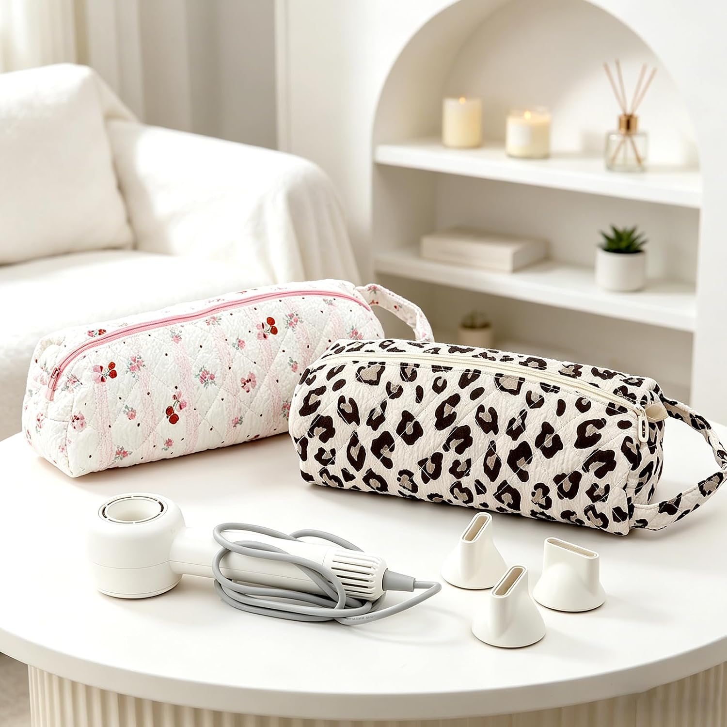 2Pcs Hair Tool Travel Bags Hair Dryer Bags-Leopard Print & Cherry
