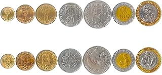 7 Coins from Portugal | Portuguese Coin Set Collection 1 5 10 20 50 100 200 Escudos | 1986-2001 | Pedro Nunes | Garcia De Orta | Ship | Nautical Compass