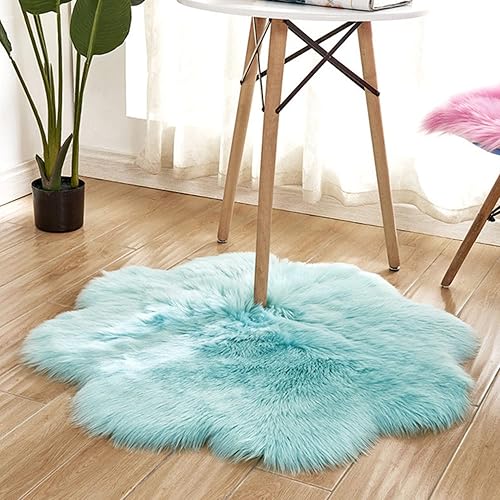 Alfombra redonda de piel de oveja sintética, suave y lanuda. Alfombra mullida para el hogar, decoración de dormitorio, azul (Flower Blue)