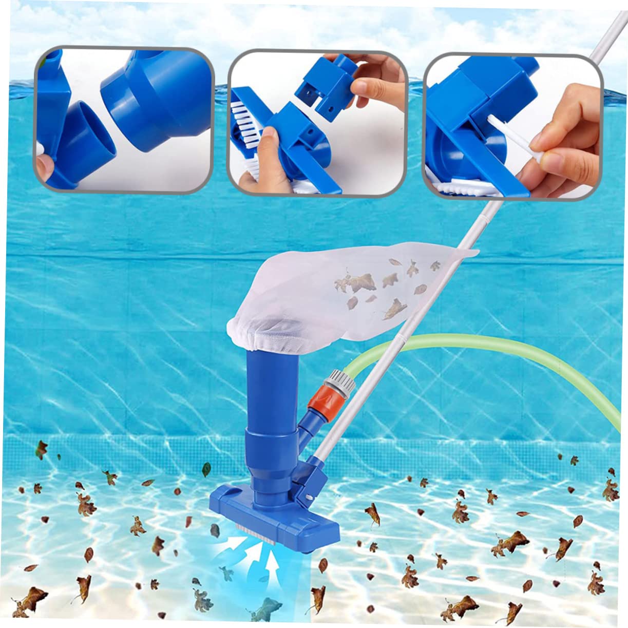 Herramienta de Limpieza de Piscinas Aspiradora Piscina Kit Limpia | 1 Juego, Cabezal de Succión con Varilla, Plástico y Aluminio, Azul, para Piscina y Estanque