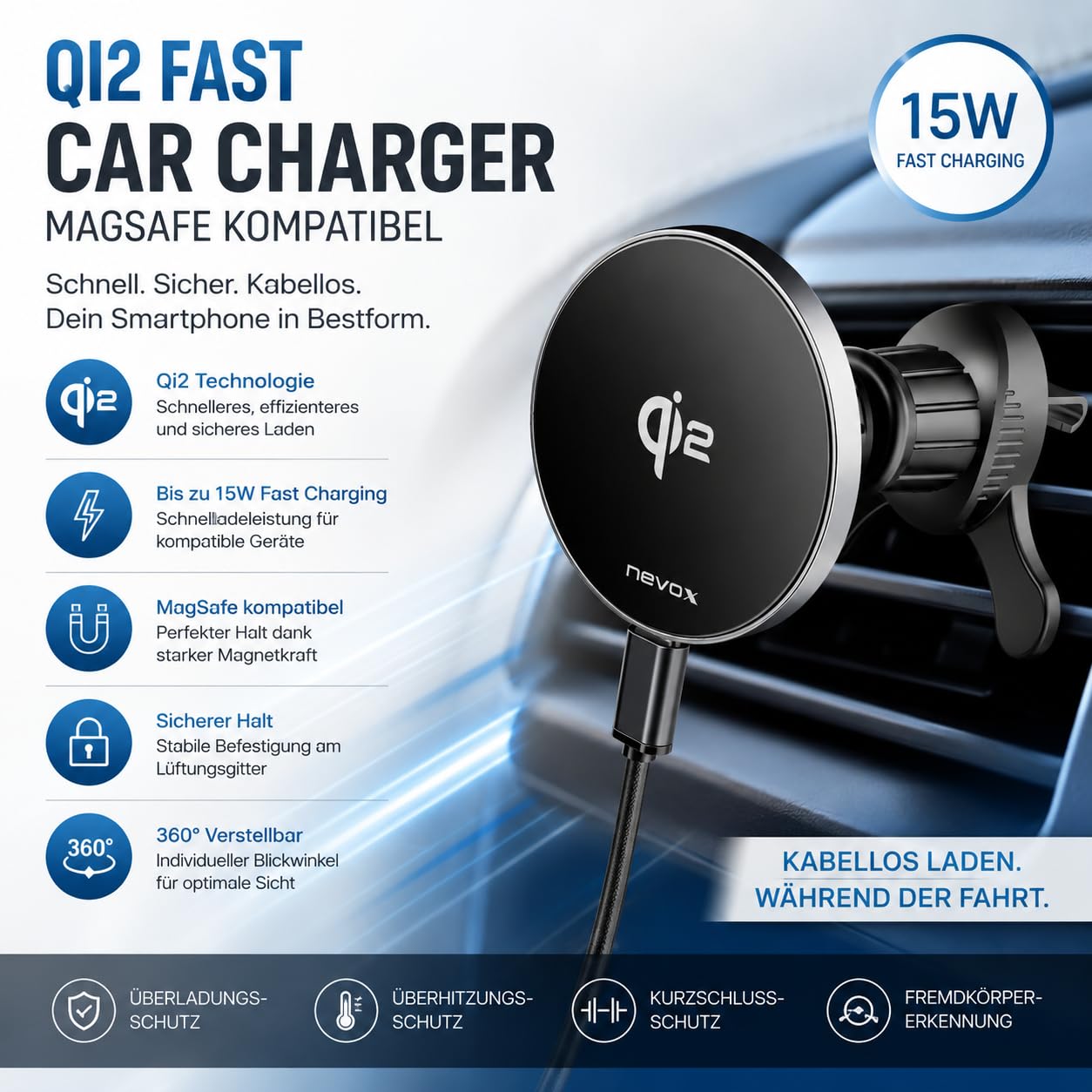 Nevox Qi2 - Caricatore da auto wireless da 15 W, compatibile con MagSafe, supporto magnetico per griglia di ventilazione dell'auto, ricarica rapida con Qi2, forte forza magnetica, design in alluminio