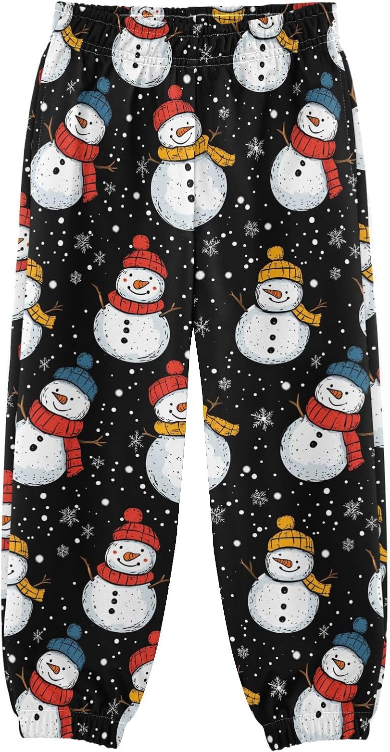 Boy Sweatpants Winter Snowman Cute Snowflake Joggers Casual Athletic Pants Kids Elastic Waist Cuffed with Pockets
