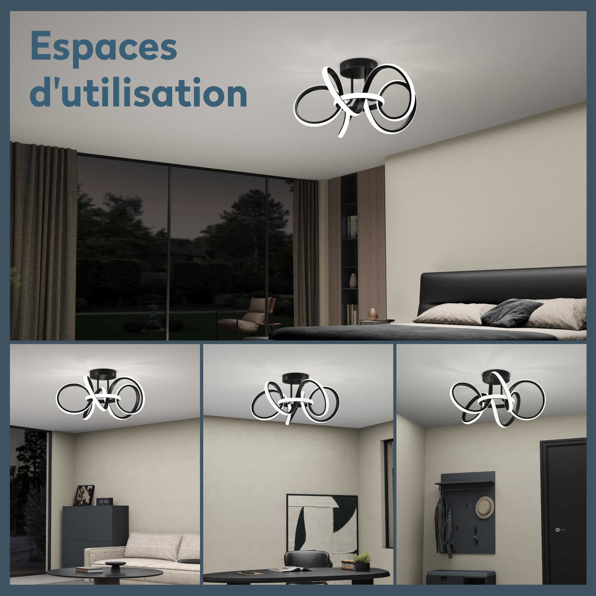 doporro Plafonnier LED Dimmable Lampe Plafond Noir 65W 3740LM Éclairage de Plafond Luminaires Intérieur Couloir Salle de Bain Cuisine 3000K-6400K avec Télécommande Alivetta25035