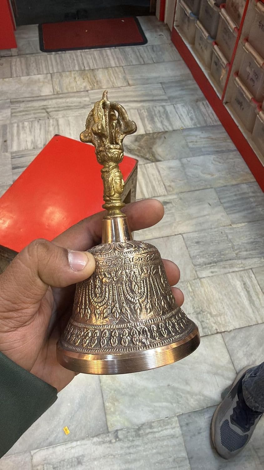Traditional Brass Temple Bell with Ornate Carved Design, Antique Gold Finish, Decorative Handle, for Meditation and Home Decor