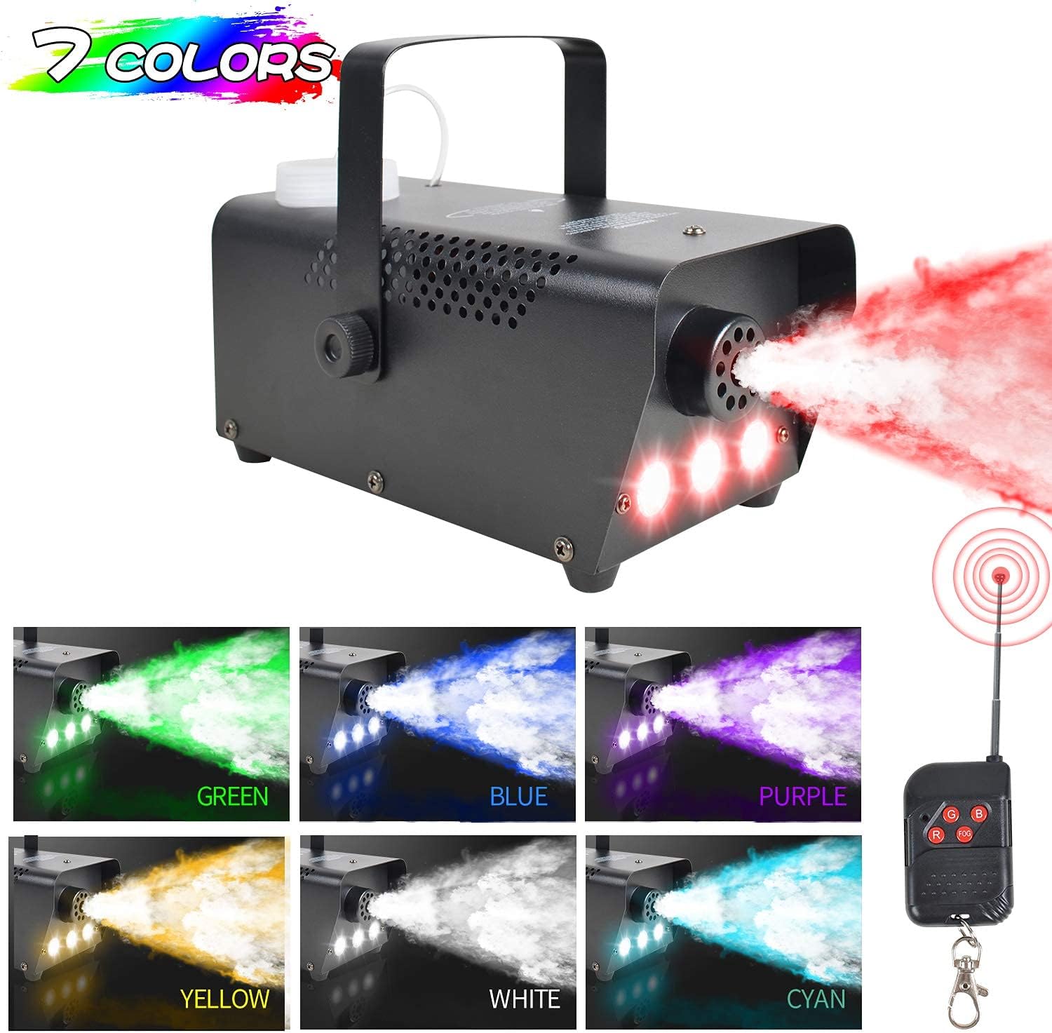 Halloween Fog Machine with Lights - 3 Stage LED Lights with 12 Colors & Strobe Effect for Party Wedding Holiday Christmas - 500W Upgraded Wireless Remote Potable Smoke Machine