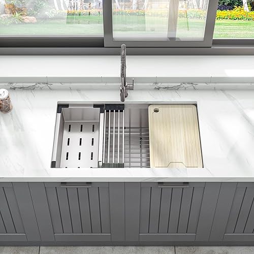 Sinber KSS0001S-OK - Fregadero de cocina con estación de trabajo de un solo tazón de 32 x 19 x 10 pulgadas con acabado satinado de acero inoxidable