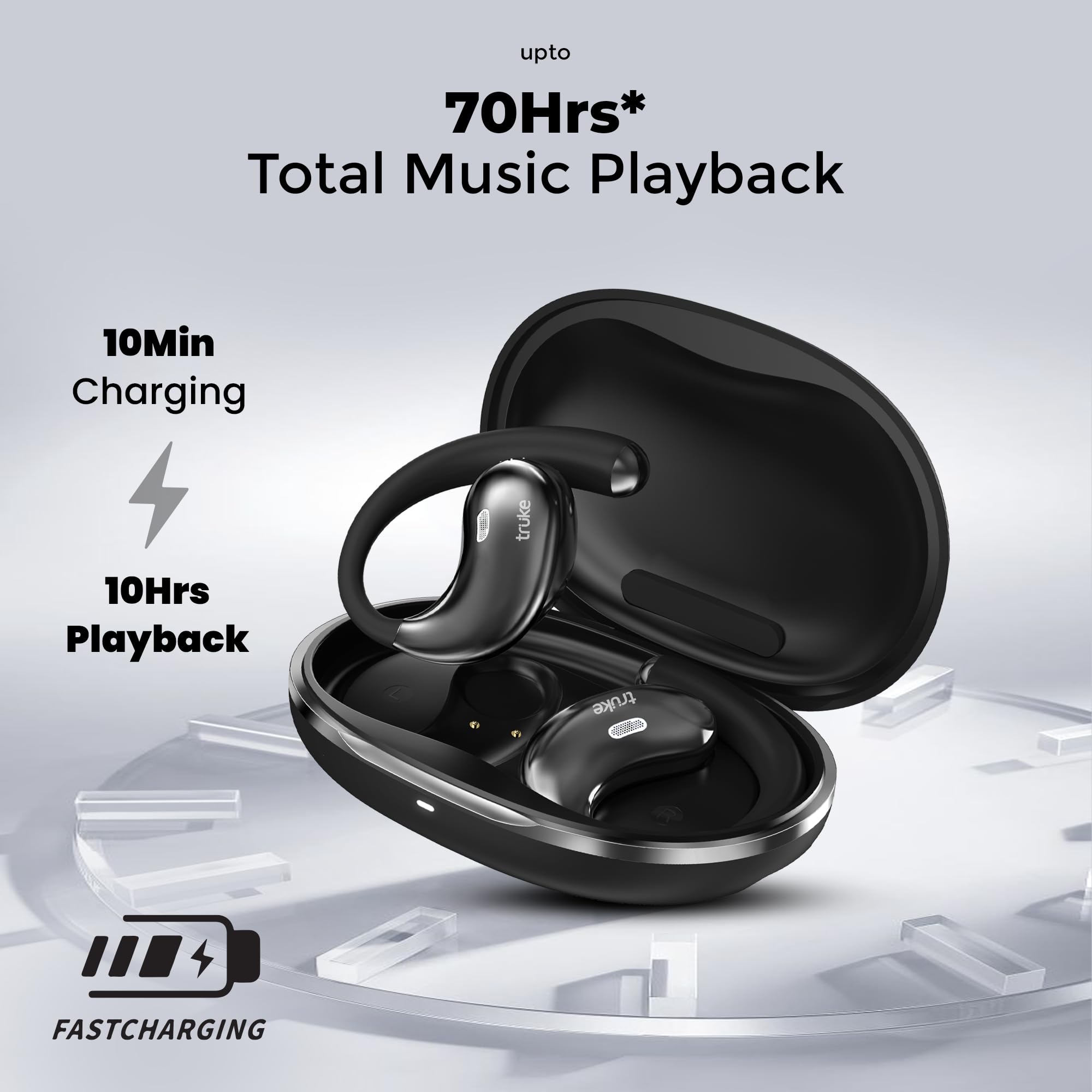 truke New Launch ResonanceX Open Ear Wireless Earbuds, 24-bit Spatial Audio, 70Hrs Playtime with Fast Charging, 16mm Titanium Drivers, 40ms Low Latency, Quad Mic ENC Calls, Made in India (Ash Black) — Amazon image 7