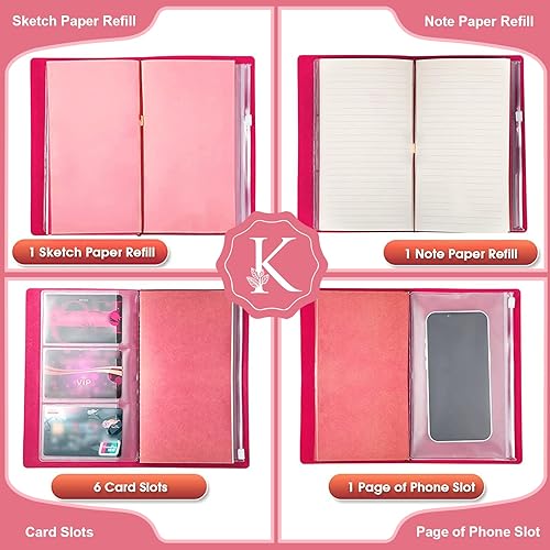 Miniatura 4 de Diario personalizado para regalo, diario de cuero con inicial rosa + juego de bolígrafo de corazón de diamante, cuaderno de viaje, bloc de notas