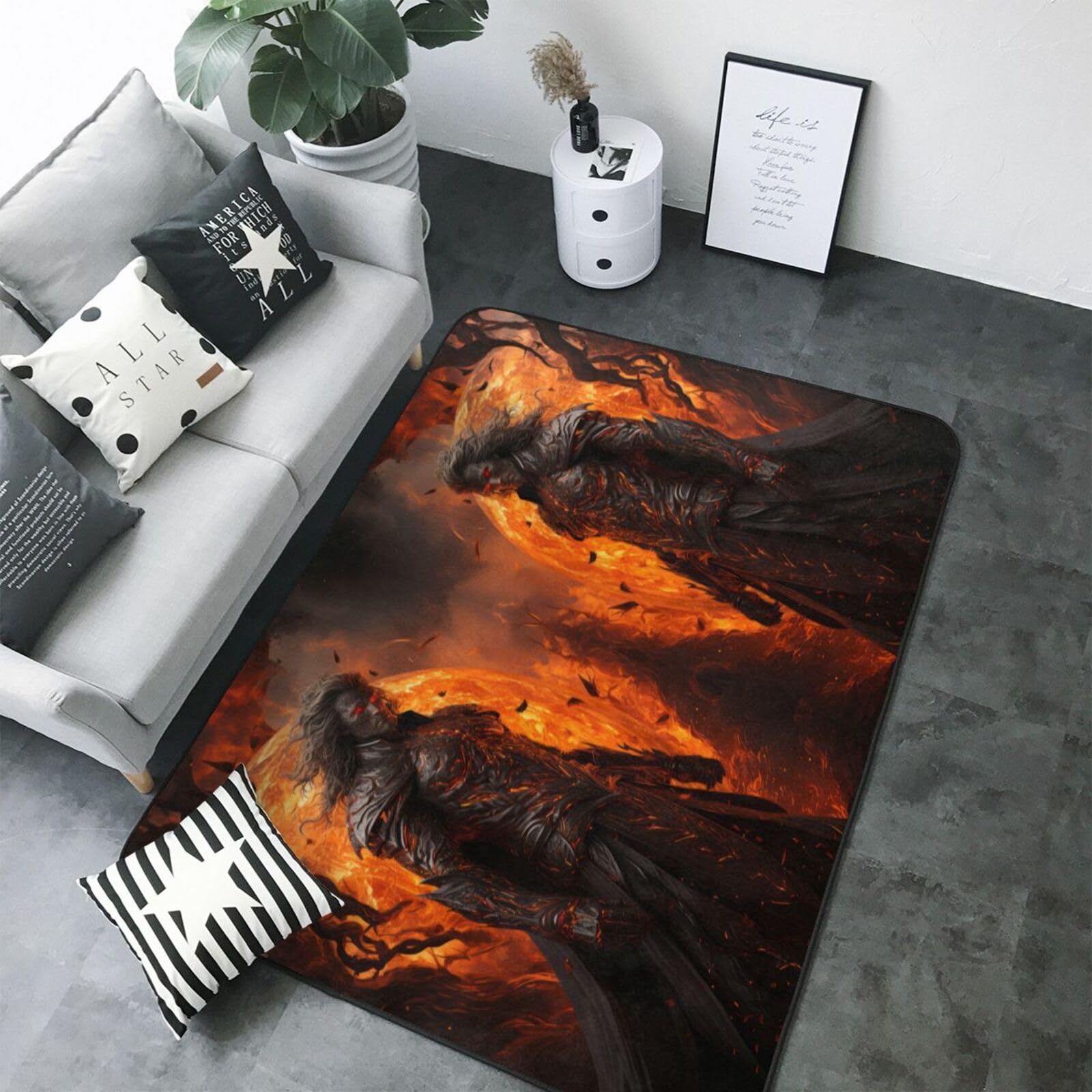 Tapis d'intérieur lavable grand format motif boule de feu salon