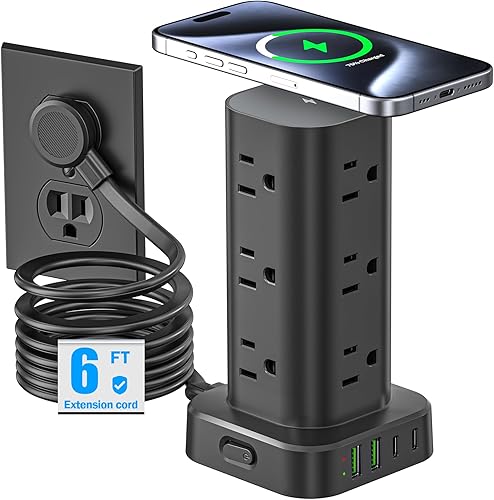 Miniatura 12 de Regleta de alimentación en torre con cargador inalámbrico de 15 W, cable de extensión de enchufe plano de 6 pies con múltiples tomas, 12 salidas de