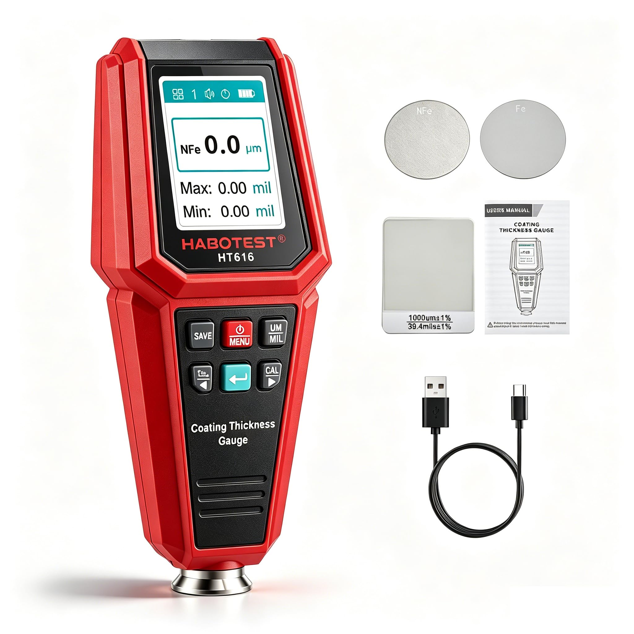 Lackschichtdickenmessgerät für Autos, Digitales Lackmessgerät mit Balkendiagramm, Fe/NFe-Sonde, 0-1800 μm Messbereich, 4-Wege-Farbdisplay mit Hintergrundbeleuchtung für Unfallwagen-Check