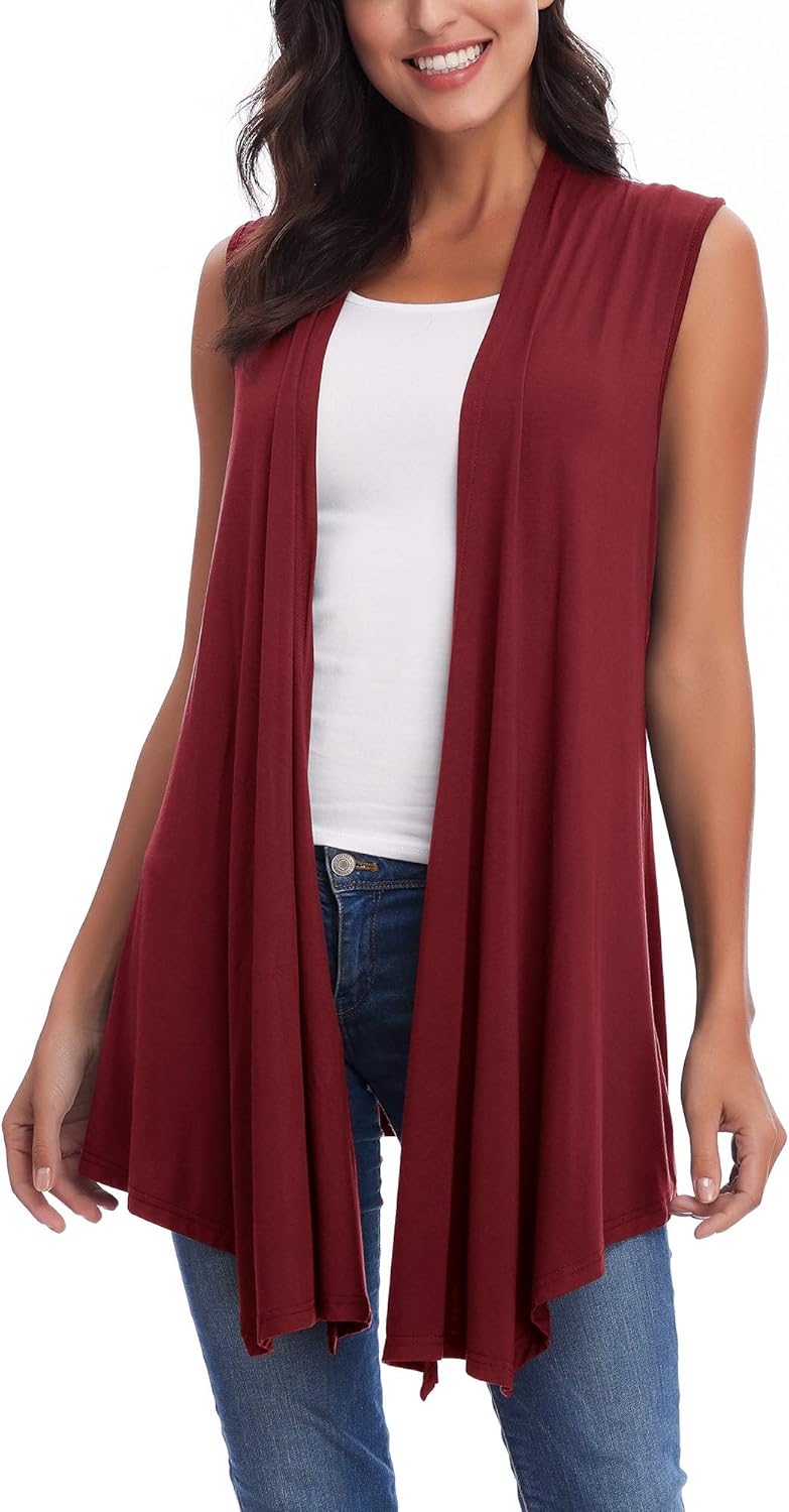 Women’s Sleeveless Open Front Draped Asymmetric Hem Cardigan Vest