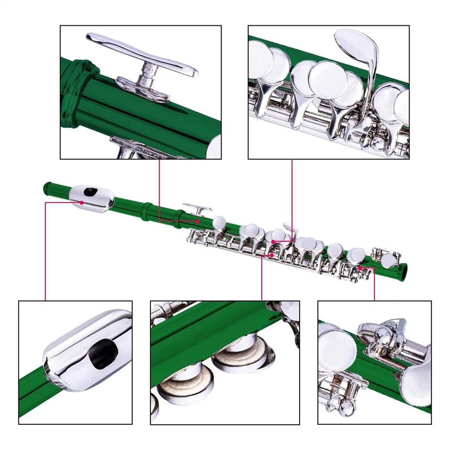 Flauta Verde De Tamaño Medio, Llaves Plateadas, Cuerpo De Cuproníquel, Llave C, Juego De Piccolo Con Estuche Flauta Travesera Kit