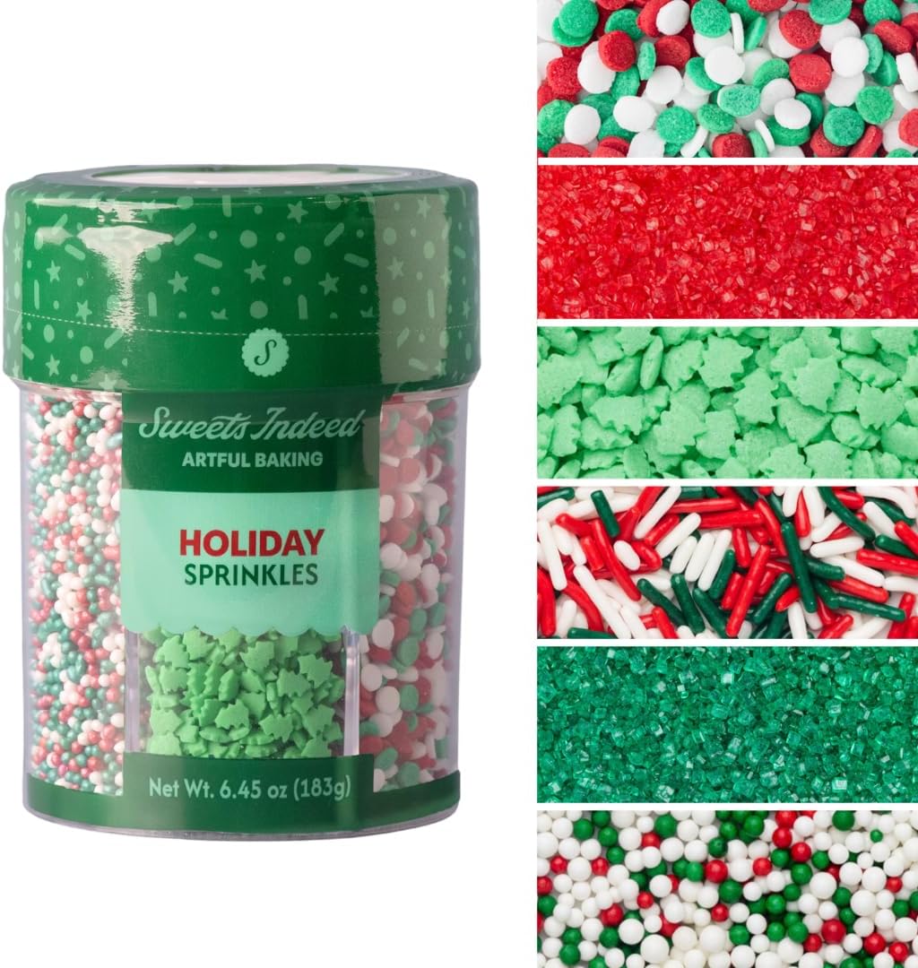 Sweets Indeed Christmas Sprinkles Mix โ 6-Cell Holiday Assortment 6.45 oz | Edible Jimmies, Nonpareils & Sugar Pearls for Decorating Christmas Cookies, Cupcakes, Cakes & Holiday Desserts
