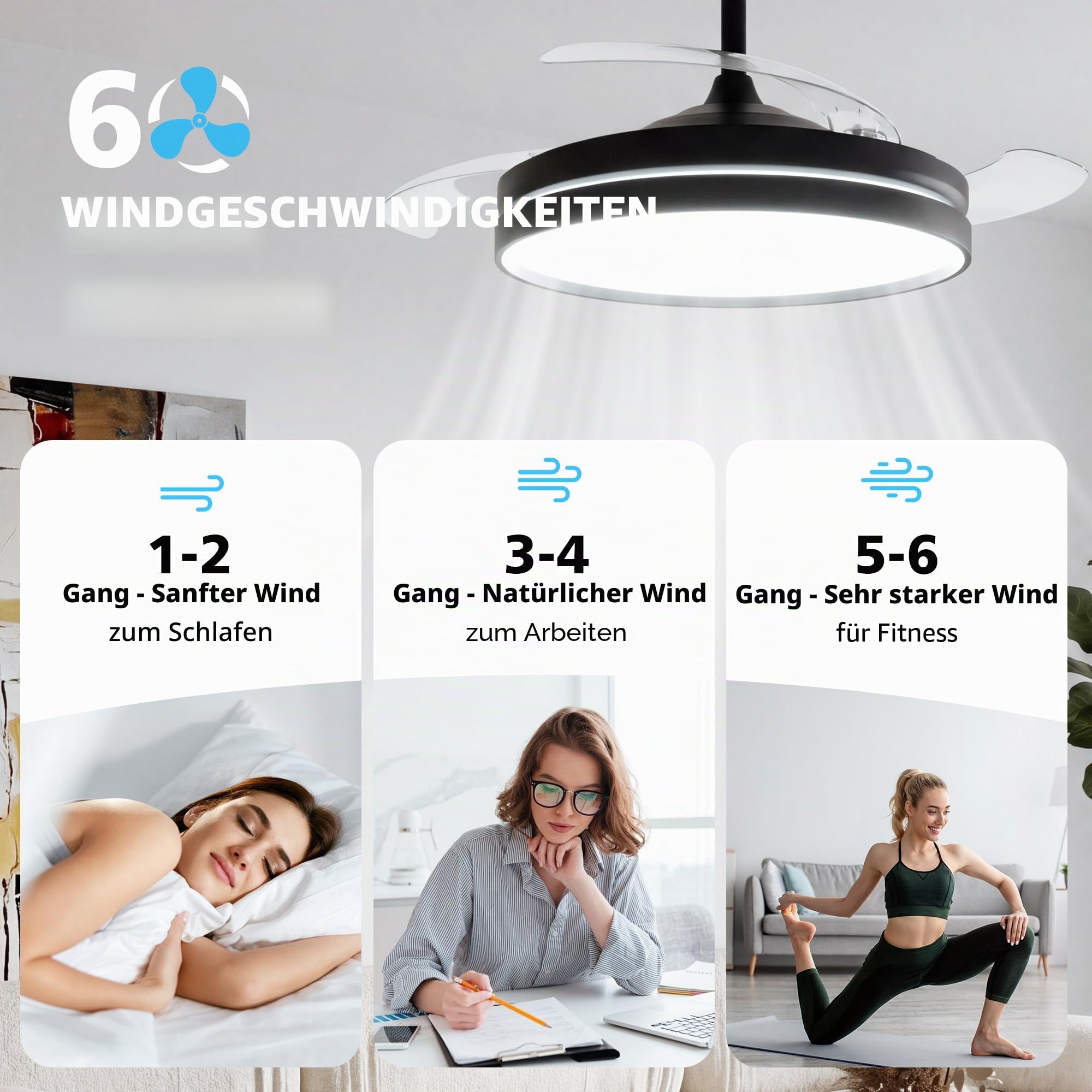 NIORSUN Deckenleuchte mit Ventilator, Deckenventilator mit Beleuchtung, App und Fernbedienung,Schwarz