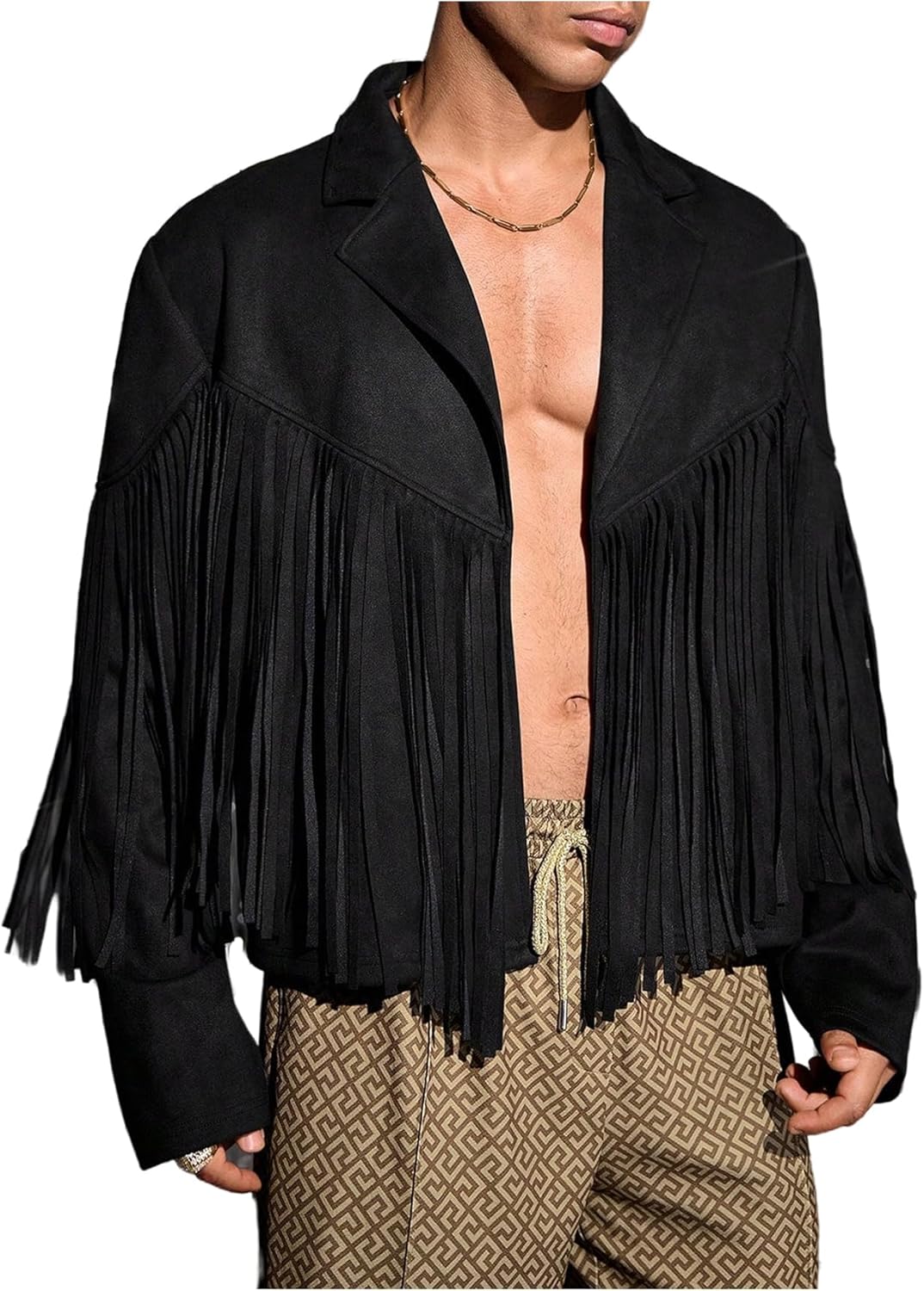 Men's Fringe Jacket Long Sleeve Open Front Lapel Collar 70s Outfits Tassel Cowboy Vest Western Outerwear