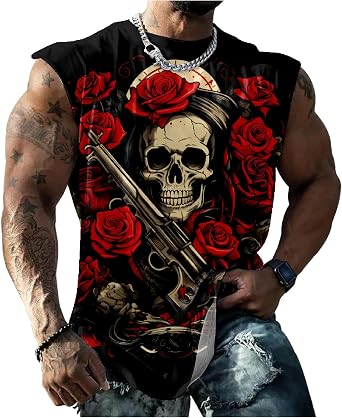 HOTYD Skull Print Tank Tops for Men Sleeveless Novelty Graphic Shirts Big and Tall Workout Tank Tops
