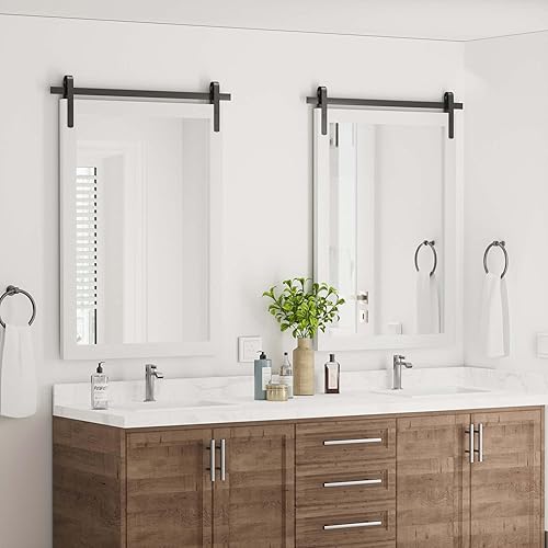 Miniatura 7 de Espejo de baño de granja, espejo cuadrado rústico blanco para pared, espejos de tocador con marco de madera, decoración estilo puerta de granero,