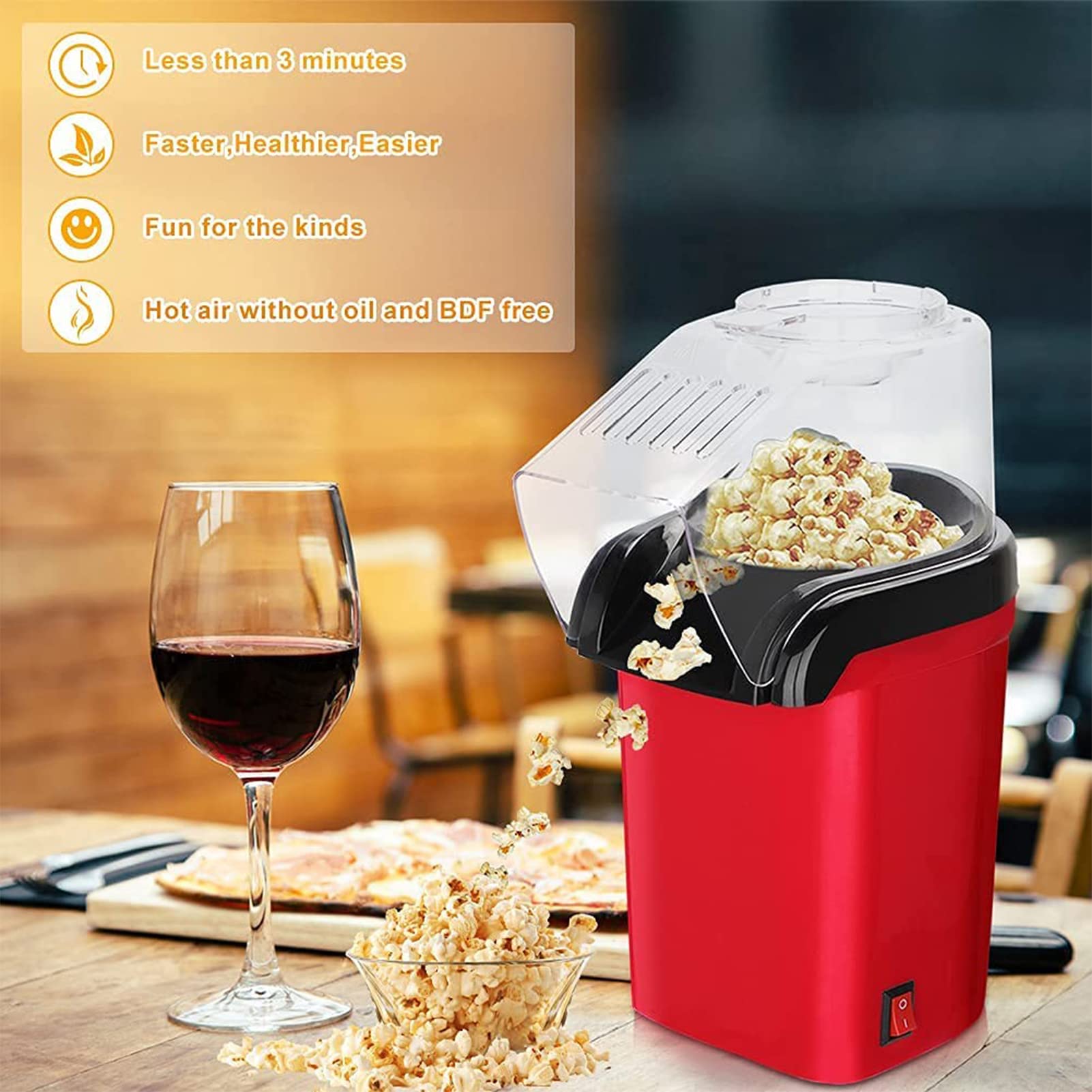 Generic Popcornowa maszyna do popcornu, mała maszyna do popcornu, 1200 W z wyjmowaną pokrywką i kubkiem pomiarowym, beztłuszczowy i zdrowy, na wieczory filmowe w maju