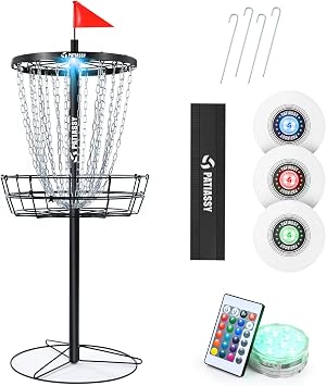 Disc Golf Basket 24/12 Chain LED Night & Adjustable Height Options | Quiet Practice, Sound Reducer, PDGA Size, Remote Control, Light Up Discs, Ground Stake, Heavy Duty Metal, Backyard Training