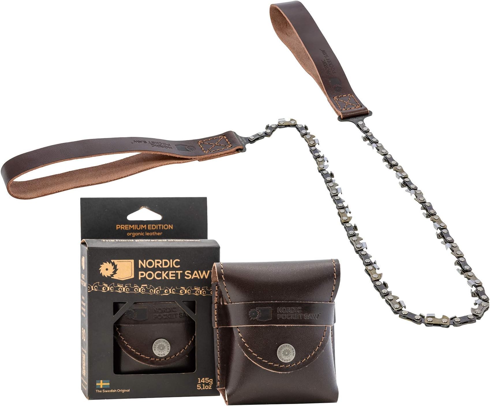 Nordic Pocket SawPocket Chainsaw - Leather Hand Chainsaw 25,6 Inch - PREMIUM Vers. Organic Leather Handles & Holster - Made in Sweden - Bushcraft Saw Survival Saw Camping Saw Hand Chain Saw Camp Saw