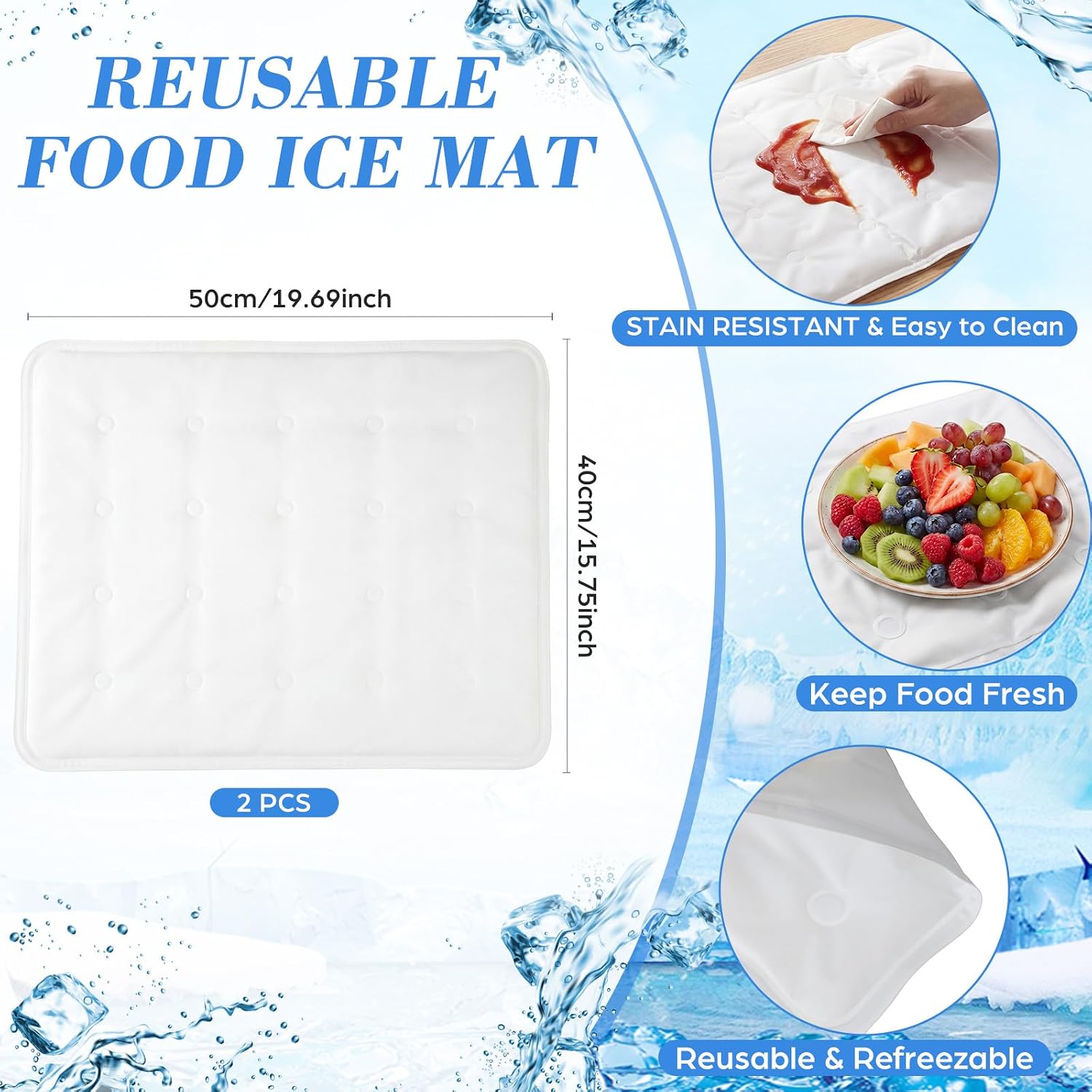 2 Pcs Cooling Mats for Food Buffet 20x16 Inch with 2 Pcs Mesh Cover