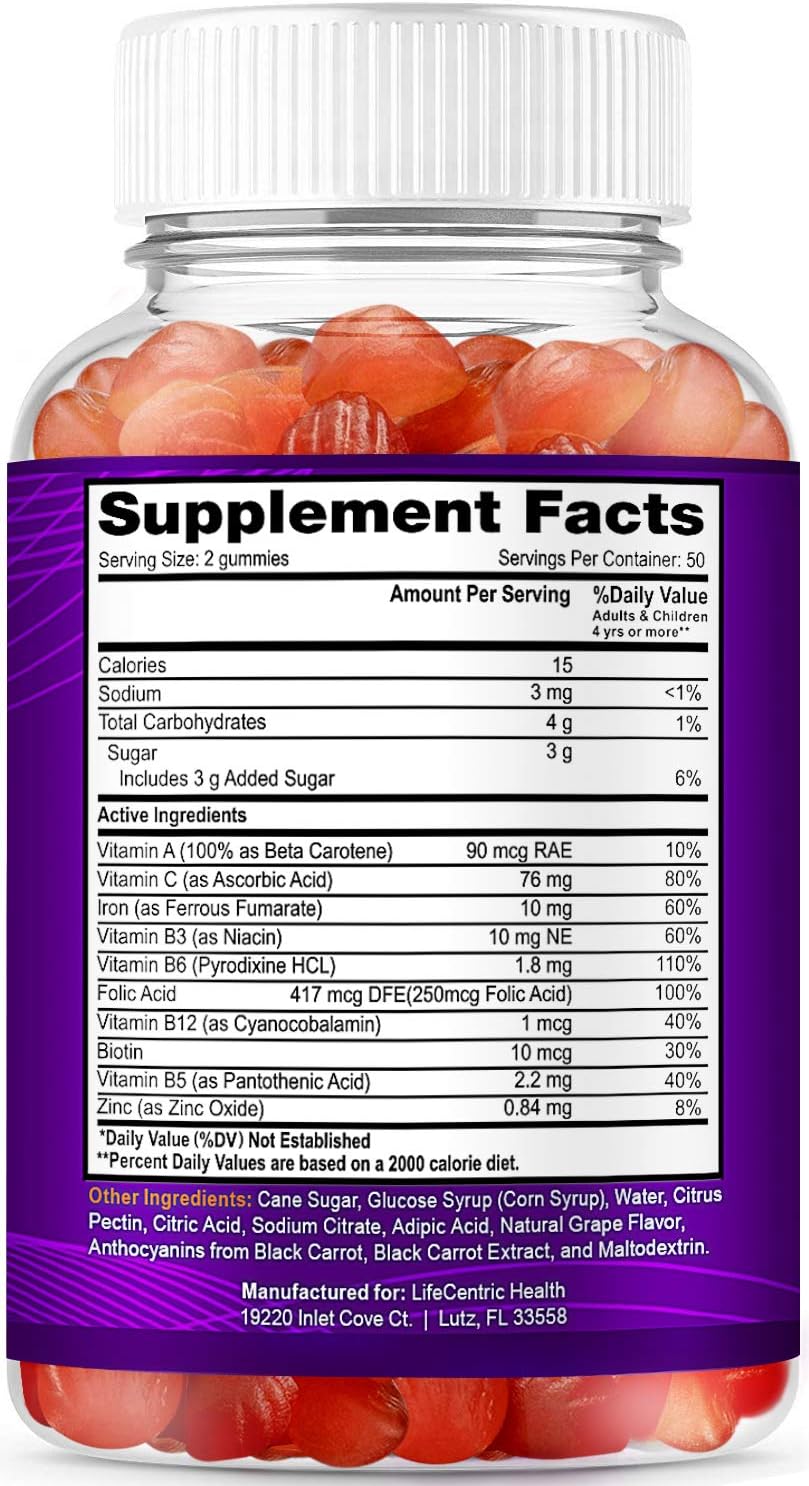 Iron Gummies for Adults and Kids | Biotin Zinc Vitamin B Folic Acid Vitamin Gummies | Vegan Gluten Free Blood Builder Anemia Supplements | Tasty Energy Boosting Iron Supplement for Women and Men