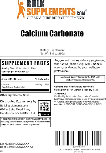 Miniatura 6 de BulkSupplements. com Polvo de carbonato de calcio - Suplementos de calcio para la salud ósea - Sin sabor - 1250 mg (500 mg de calcio) por porción,