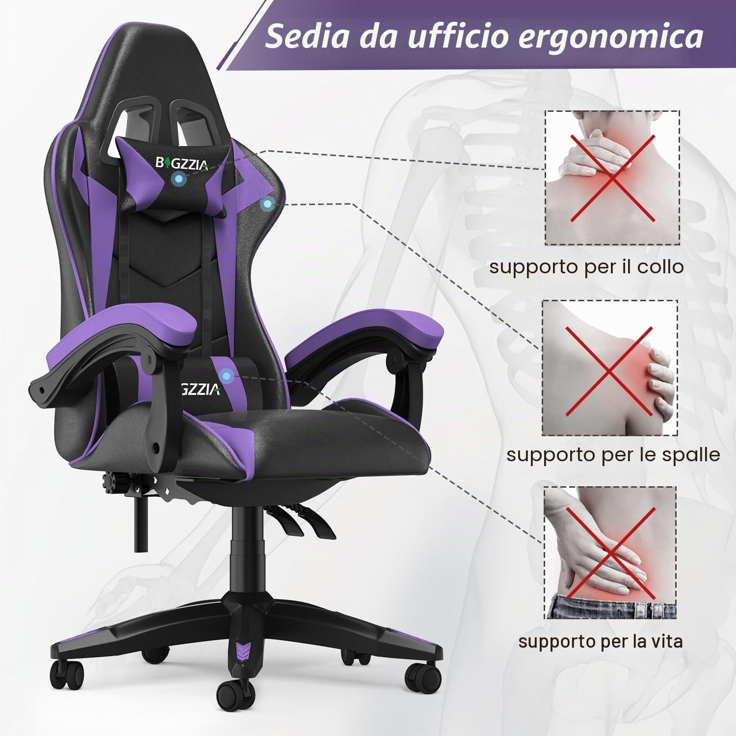 Diagram showing ergonomic support points of the chair, highlighting neck, shoulder, and lumbar support areas with 'X' marks for incorrect posture and checkmarks for correct support.