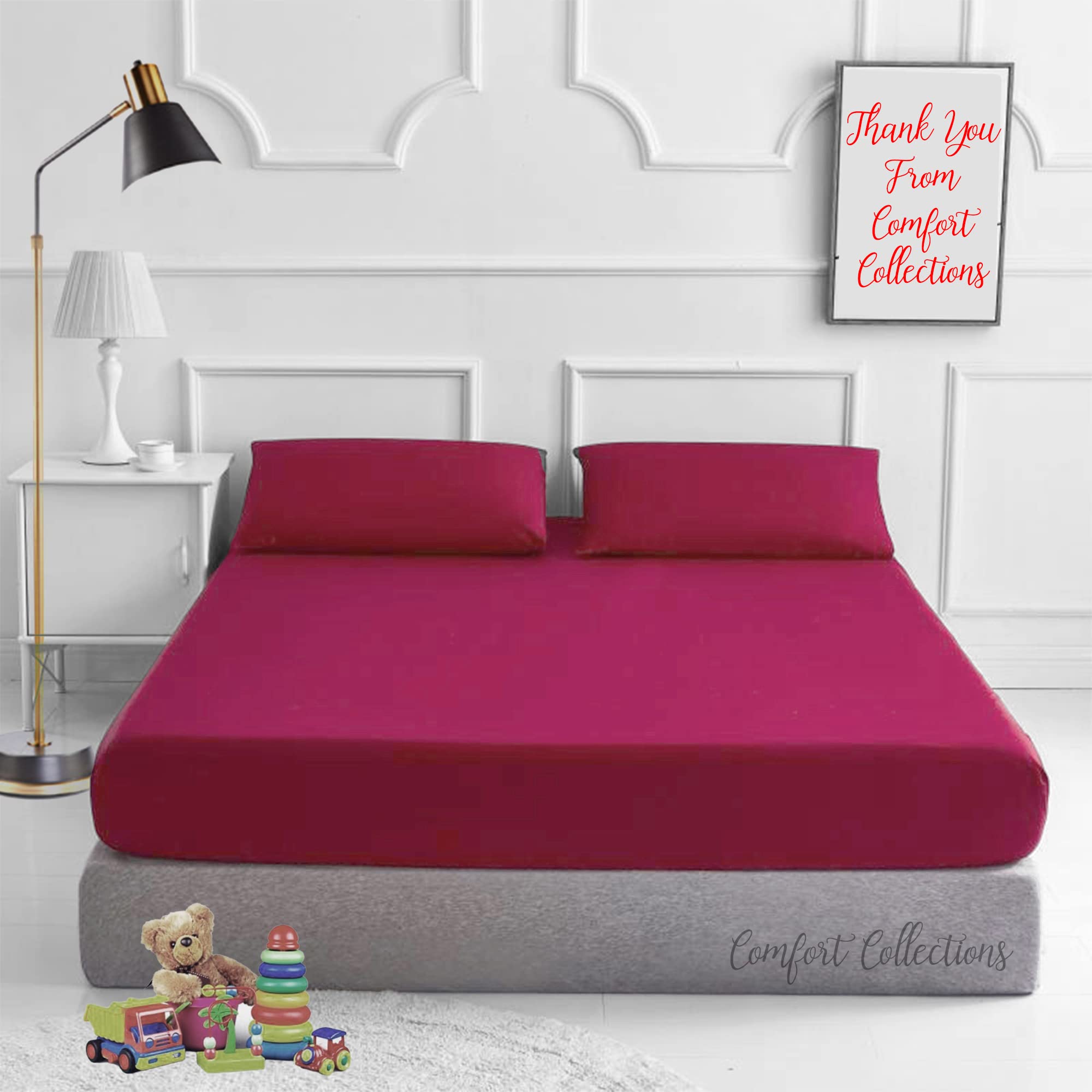 Comfort Collections Plain Dyed Easy Care Poly Cotton Flat and Fitted Sheet Set with Pillow Case Bedding Set (Red, Superking)